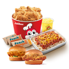 Jollibee Fried Chicken, Sandwich, Spaghetti, Peach Mango Pies and Pineapple Quencher. 