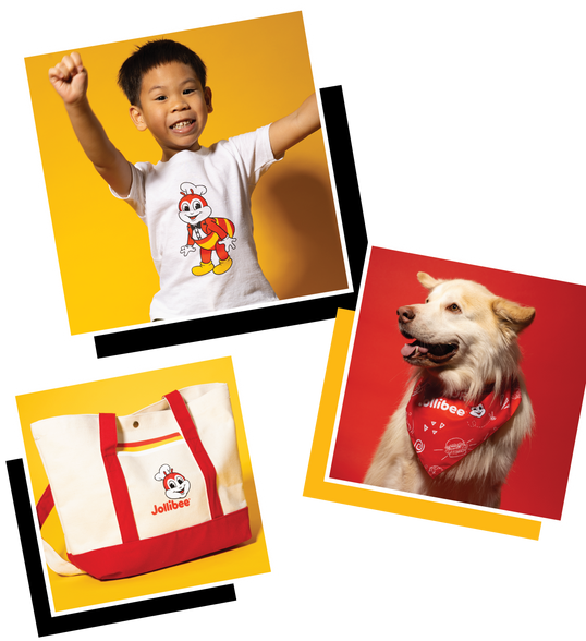 Boy with Jollibee Merch T-Shirt, Dog with Jollibee Red Dog Bandana, Jollibee TwoColor Tote